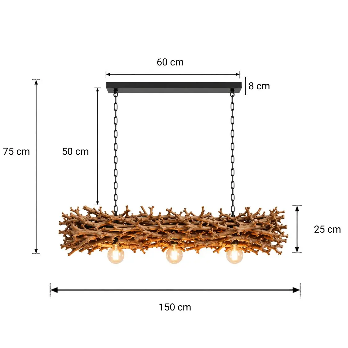 Afmetingen Perentak hanglamp met ketting 3 lichtpunten