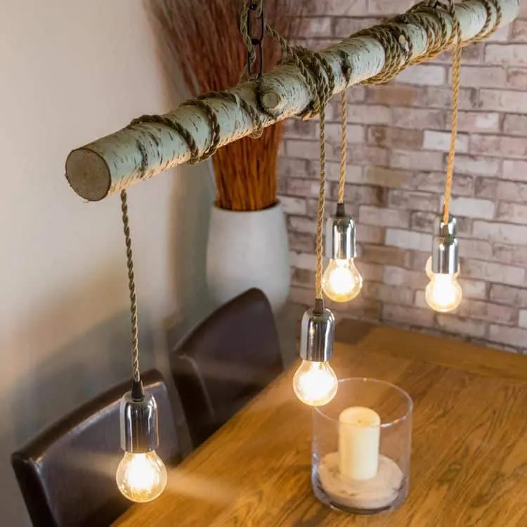 Berkenstam hanglamp Met ketting en beige stofkabel B120cm (3)