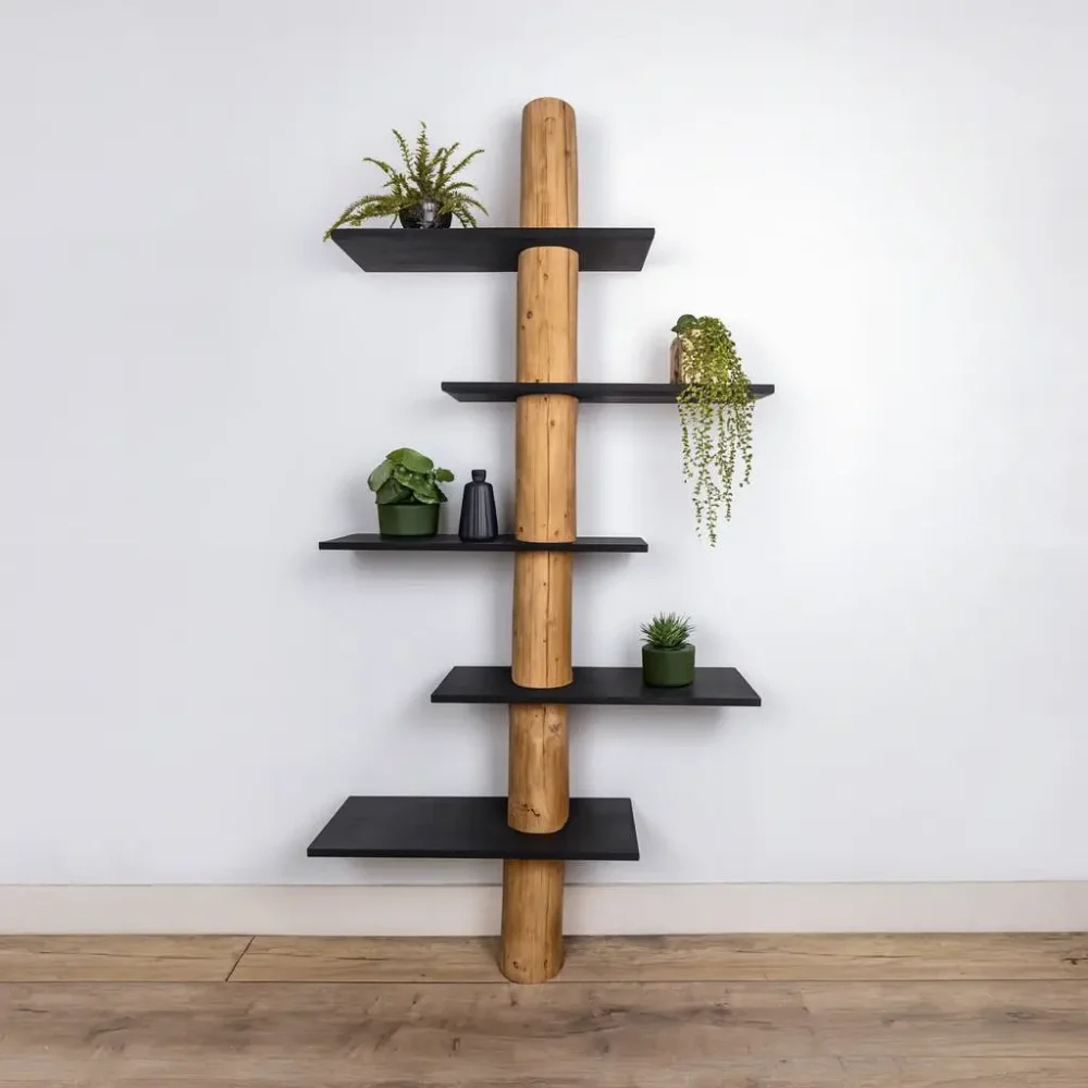 Baumstamm-Wandregal mit versetzte Regalböden | Kiran | Old Naturel/Schwarz | 110x30x250