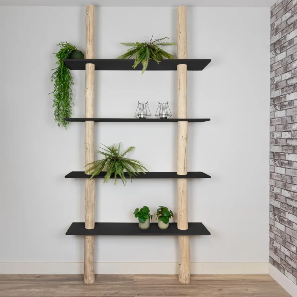 Baumstamm-Wandregal | Magnus | Naturbelassen/Schwarz | 130x30x250