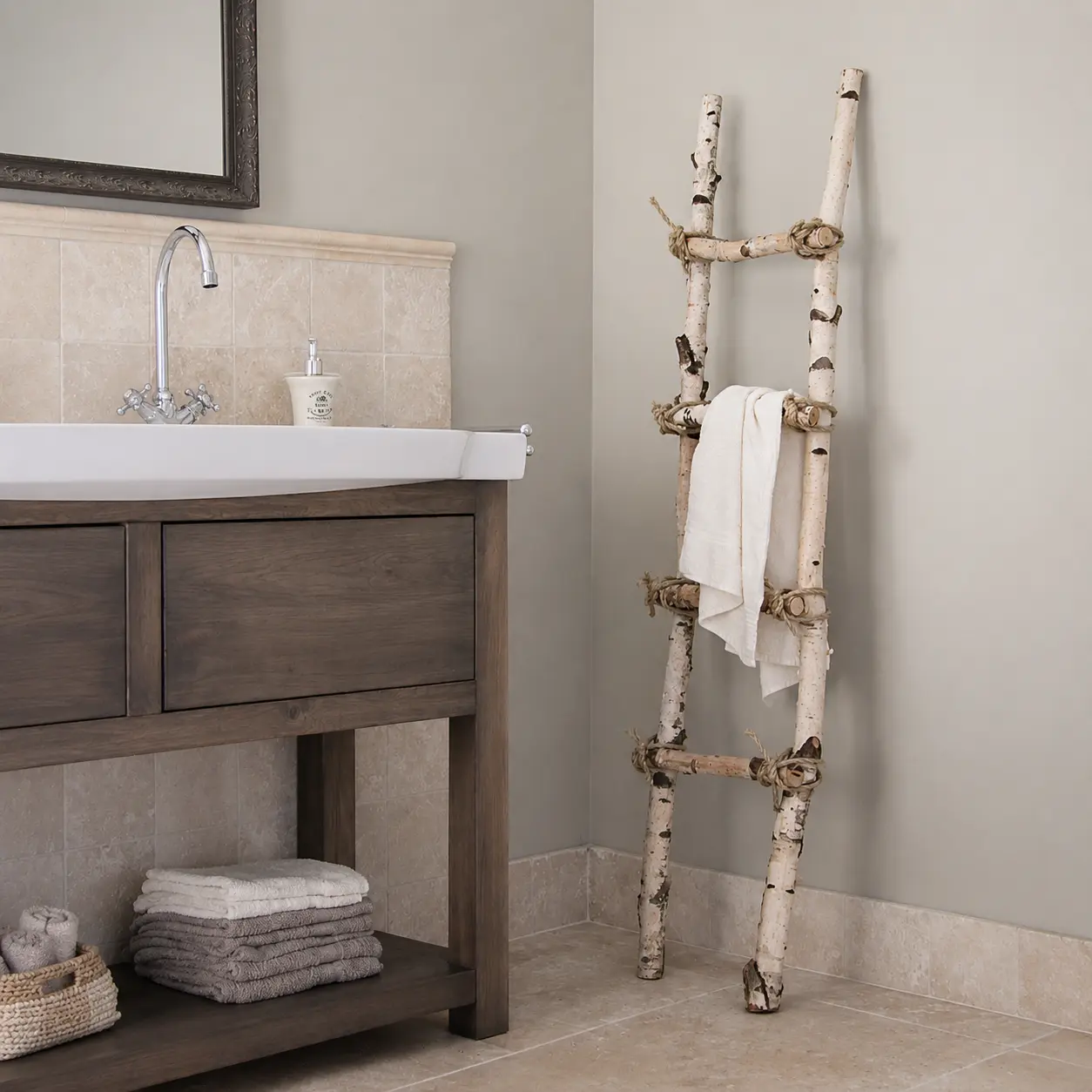 Decoratieladder berk met touw 150 cm