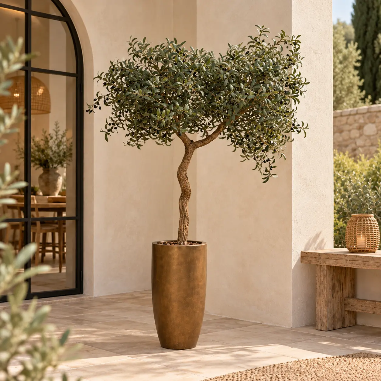 Mediterrane olijfboom op zonnig terras