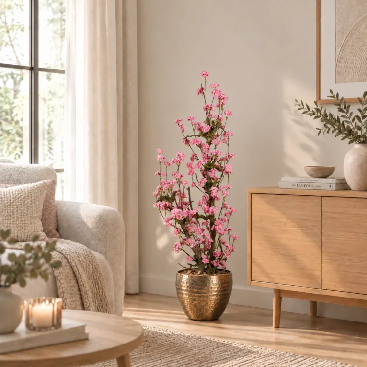Roze bloesemboom in gouden pot (1)
