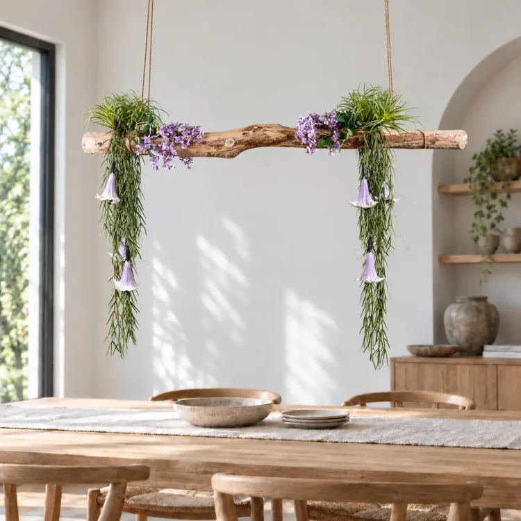 Rustieke bloemenhanger boven lichte eettafel