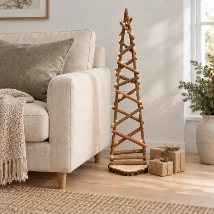 Scandinavische woonkamer met iets hogere wilgenkerstboom 120 cm