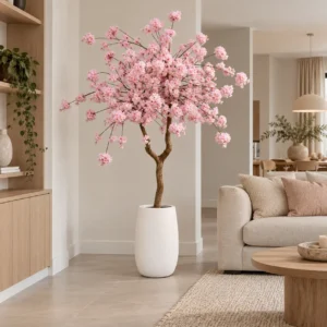 Scandinavische woonkamer met roze bloesemboom Mila