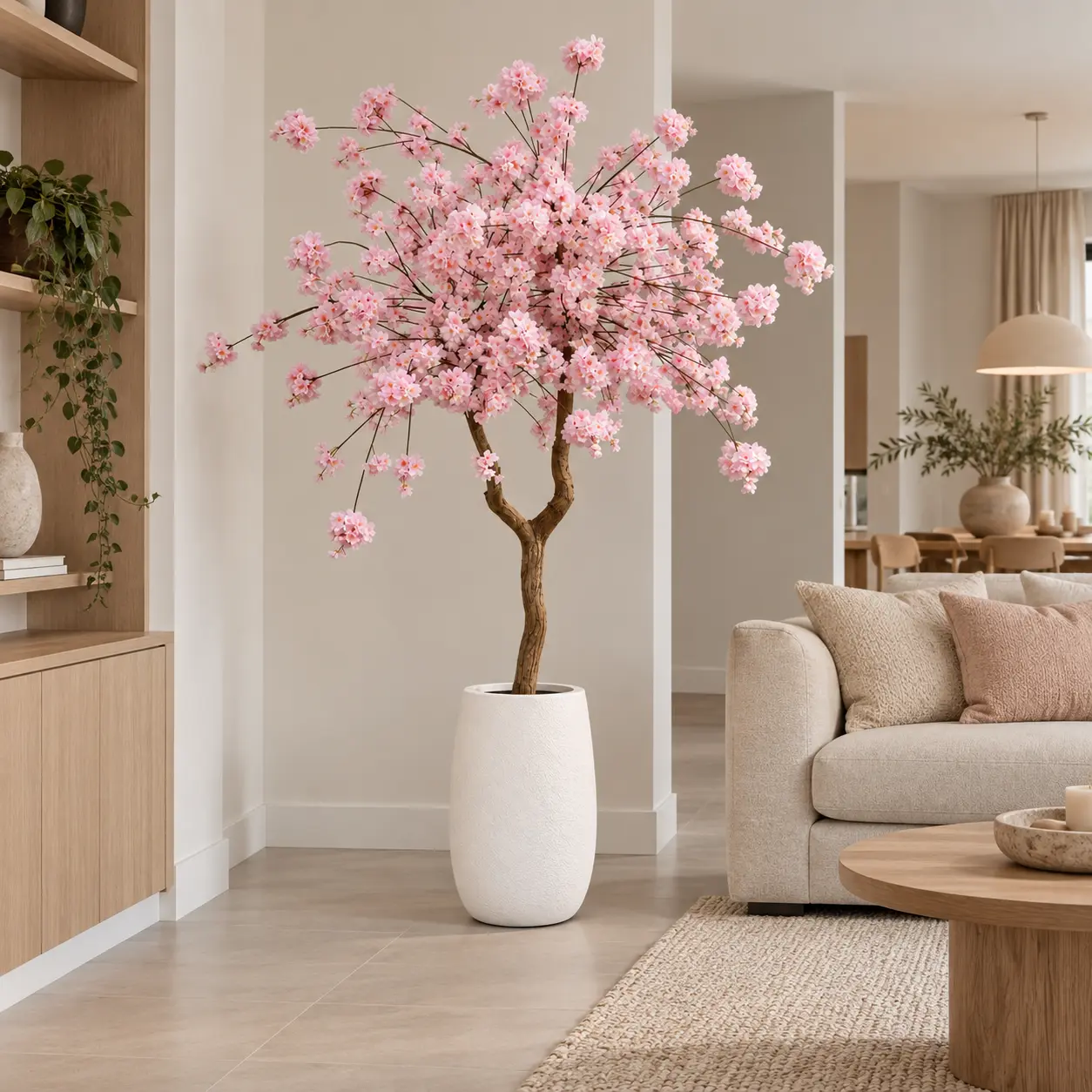 Scandinavische woonkamer met roze bloesemboom Mila