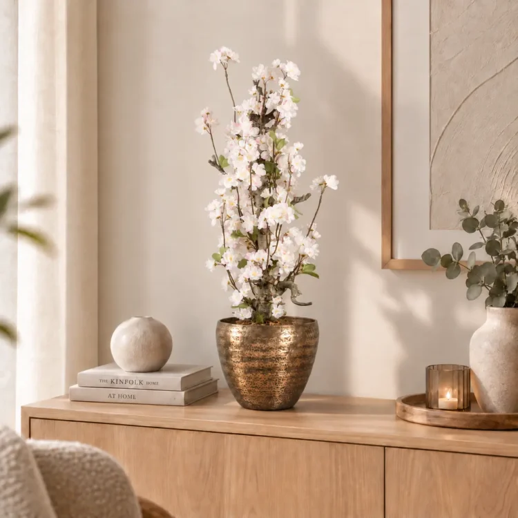 Scandinavische woonkamer met witte bloesemboom
