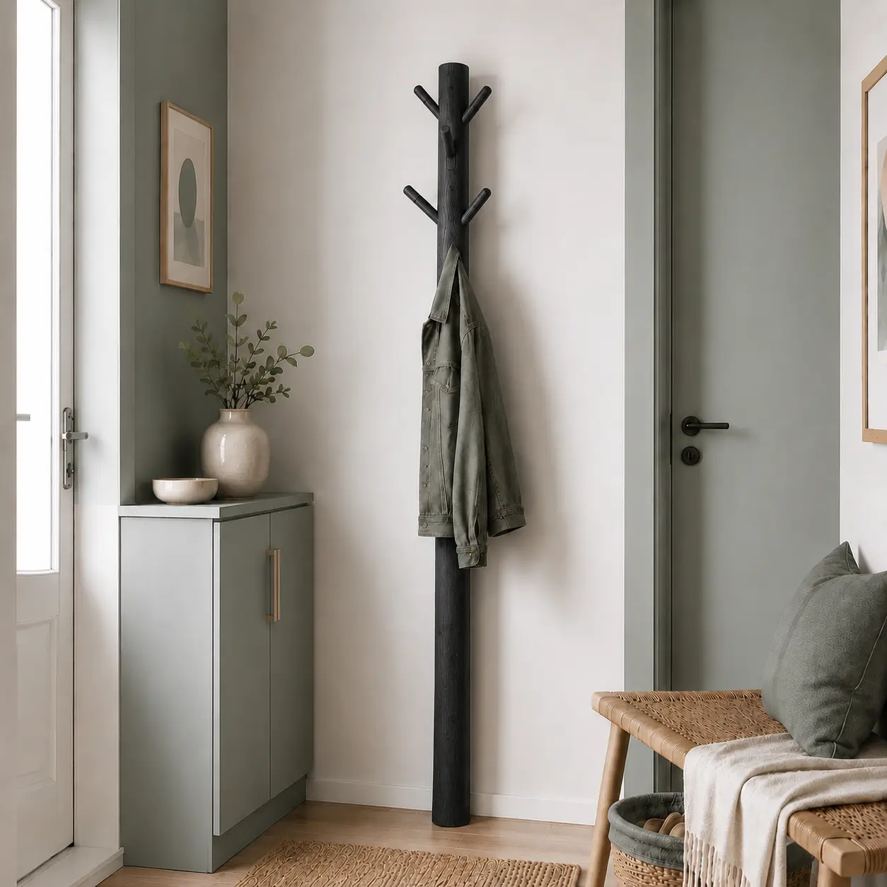 Wandkapstok 165 cm zwart met houten haken