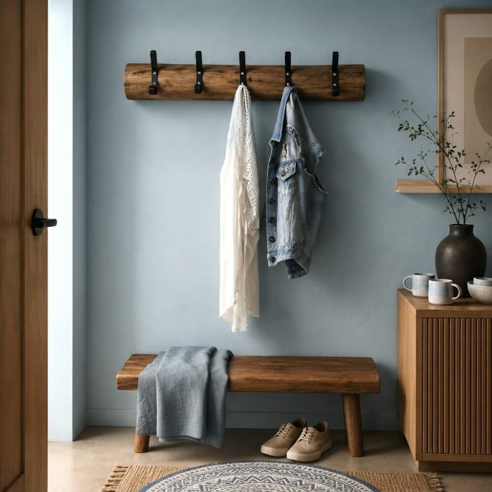 Wandkapstok oak met zwarte haken blauwe accent - Bewerkt