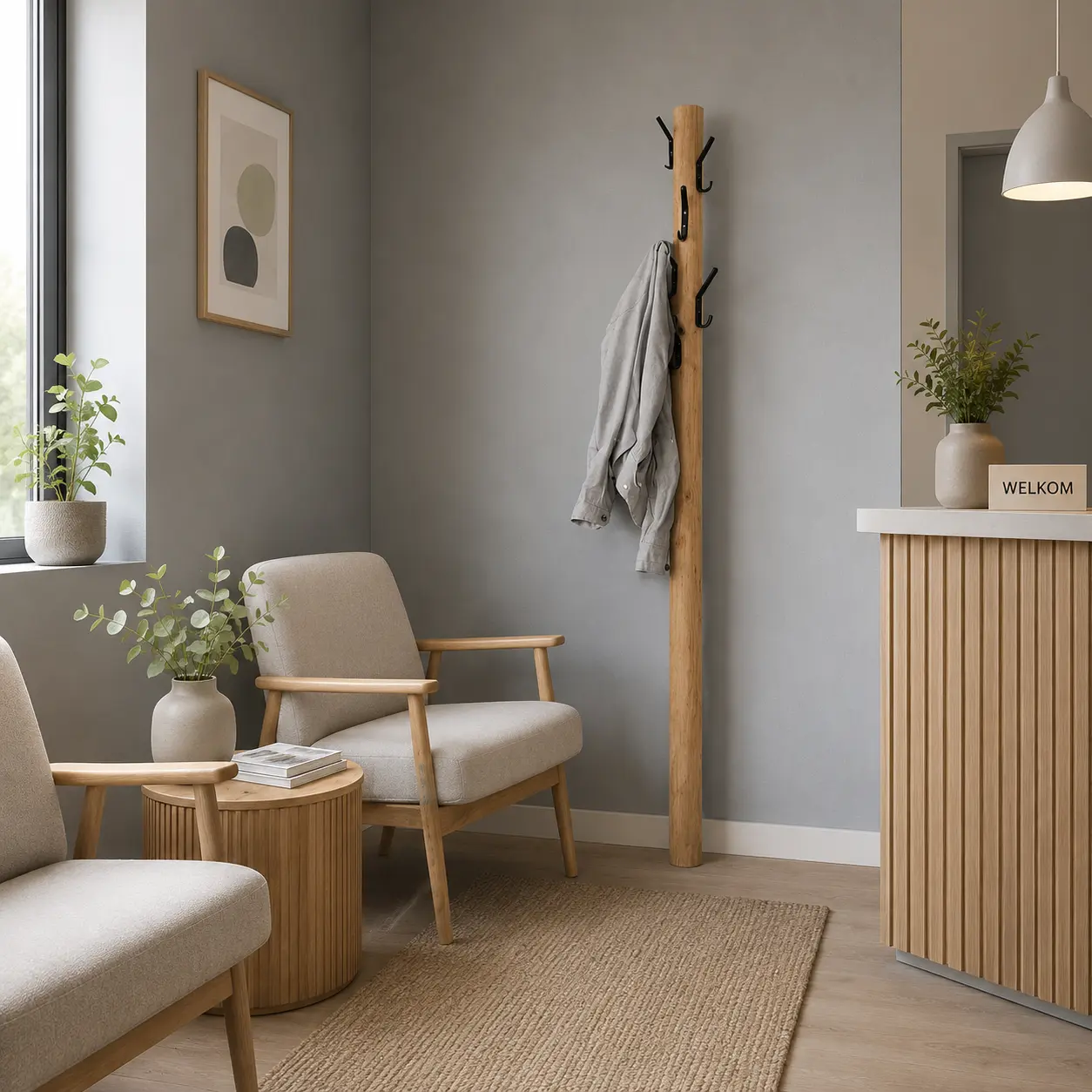 Wandkapstok old naturel met zwarte haken 165 cm