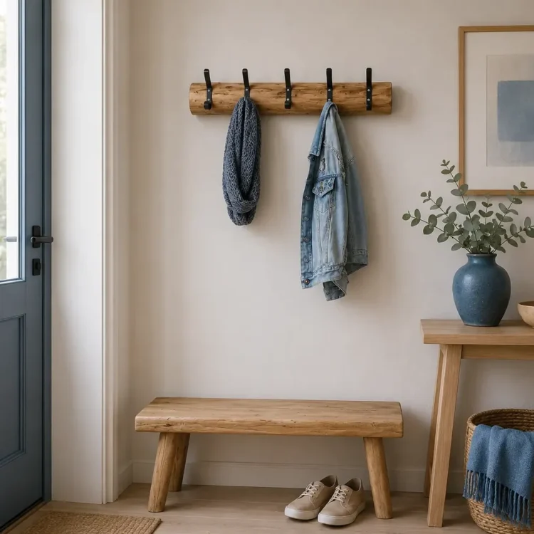 Wandkapstok old naturel zwarte haken blauw accent
