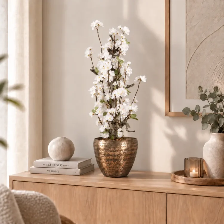 Witte bloesems in gouden pot