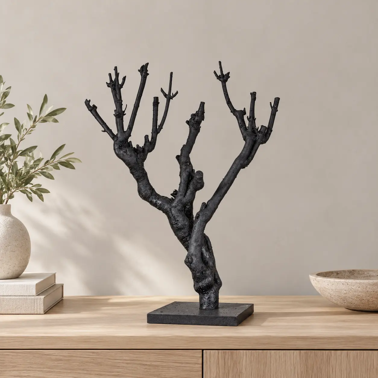 Zwarte decoratieve boom op een kast